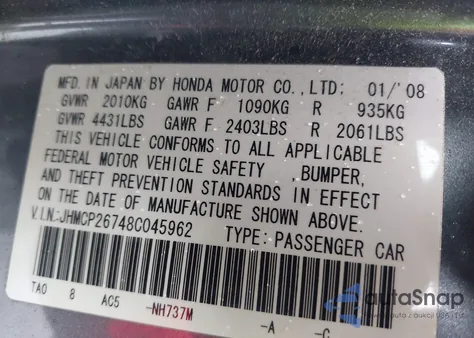 2008 Honda Accord 2.4 Ex z USA, uszkodzony, nr VIN JHMCP26748C045962